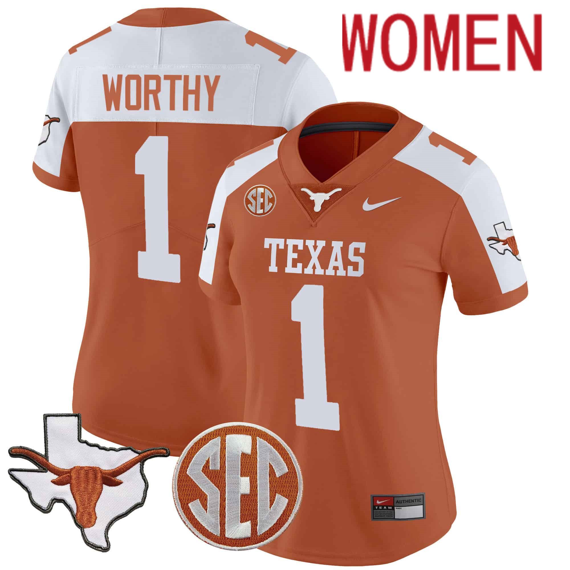 Women Texas Longhorns #1 Worthy Orange 2024 Nike State Map & SEC Patch Vapor NCAA Jersey